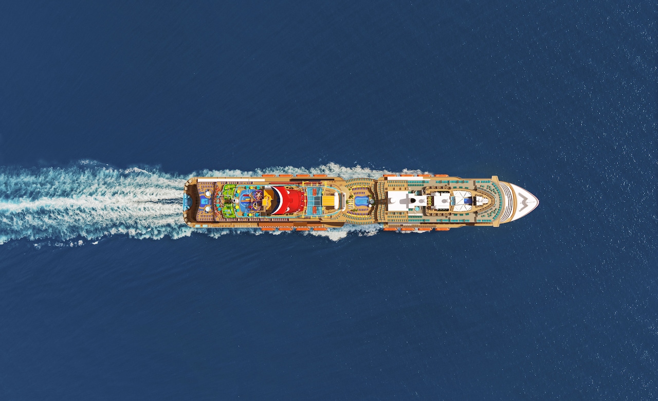 Top view of Carnival cruise ship in the ocean.