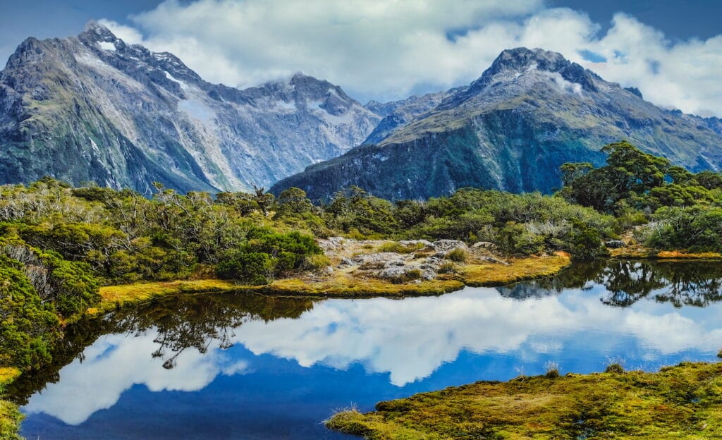 Aerial view of a lake and mountain in South Island, New Zealand.