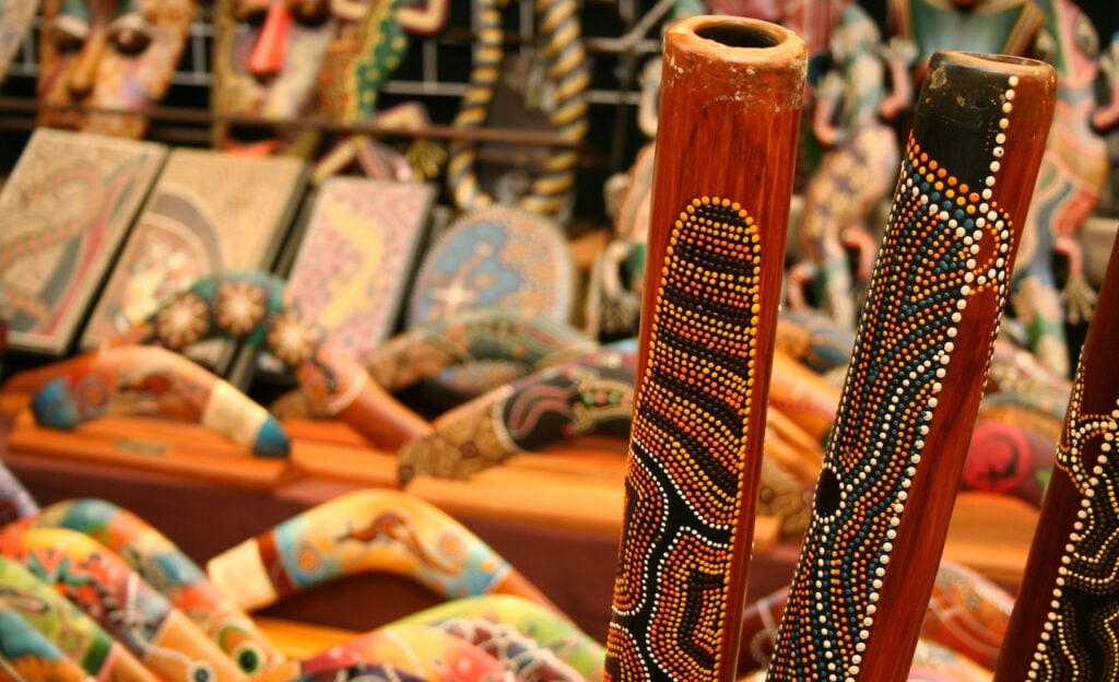 Didgeridoos and boomerangs for sale in an aboriginal souvenirs shop.
