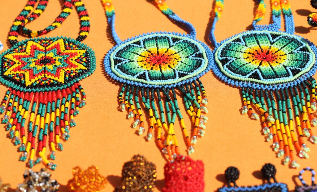 Brightly colored Huichol beaded jewelry.