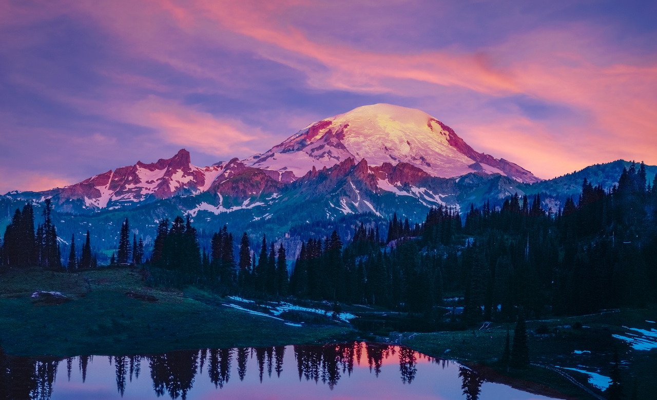 Glowing sunrise over Mount Rainier.