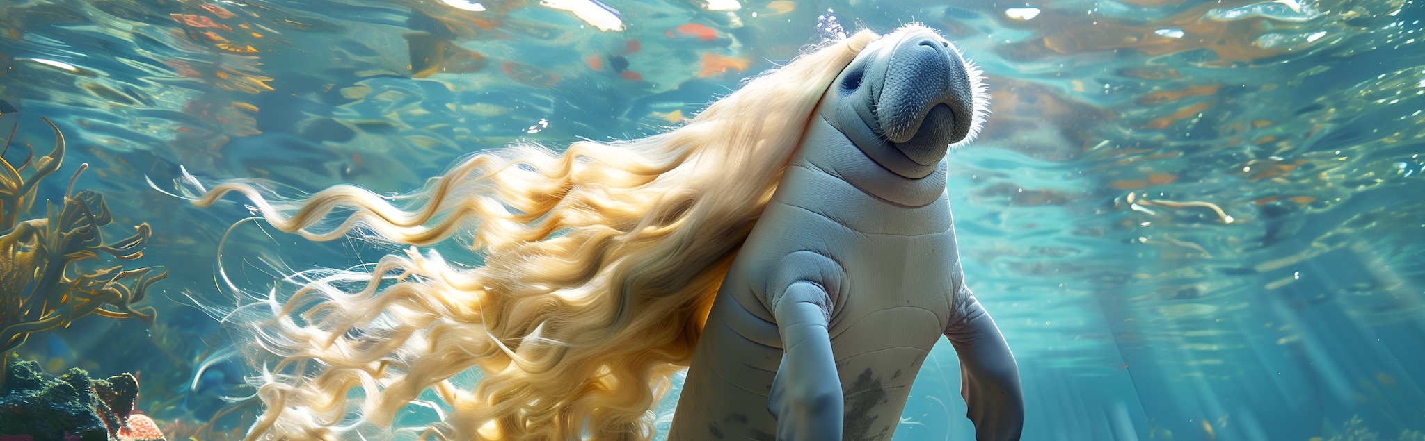 picture of manatee with long flowing humanlike hair