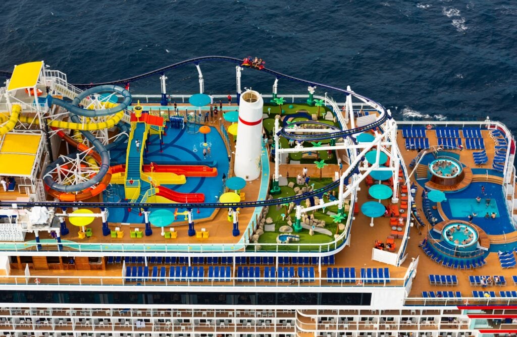 Aerial view of the top deck of a carnival ship 
