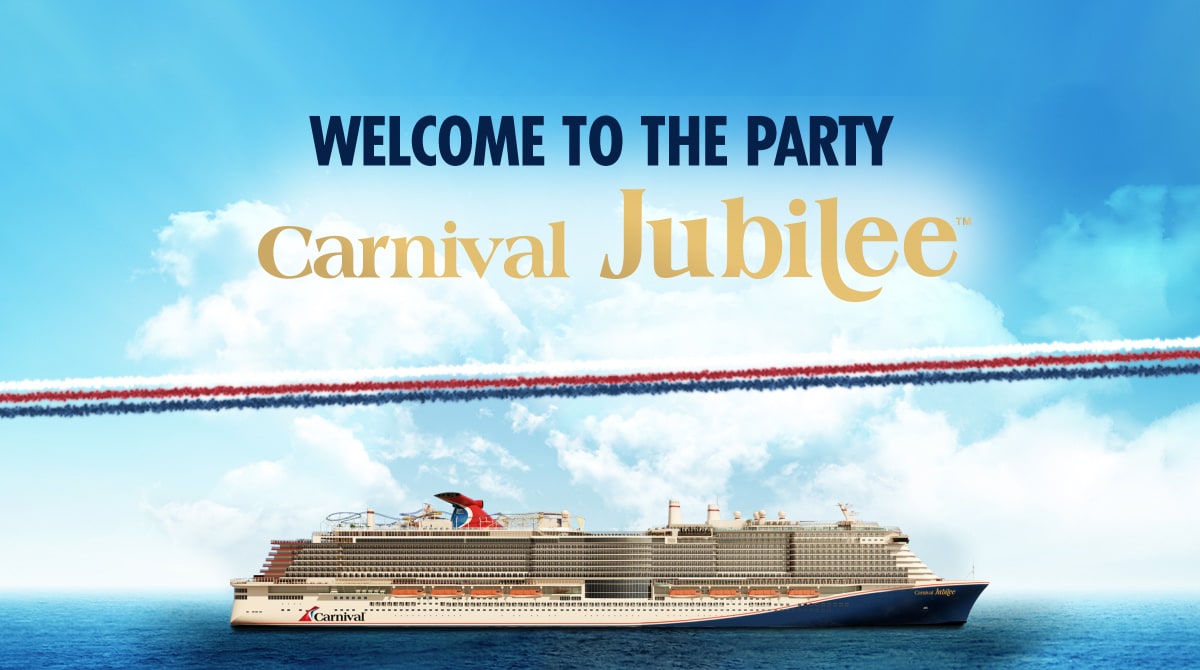 cruise ship sailing at sea announcing the name of carnival's newest ship, carnival jubilee