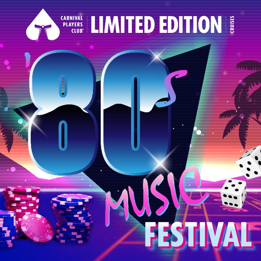 80s music festival surrounded by poker chips and palm trees