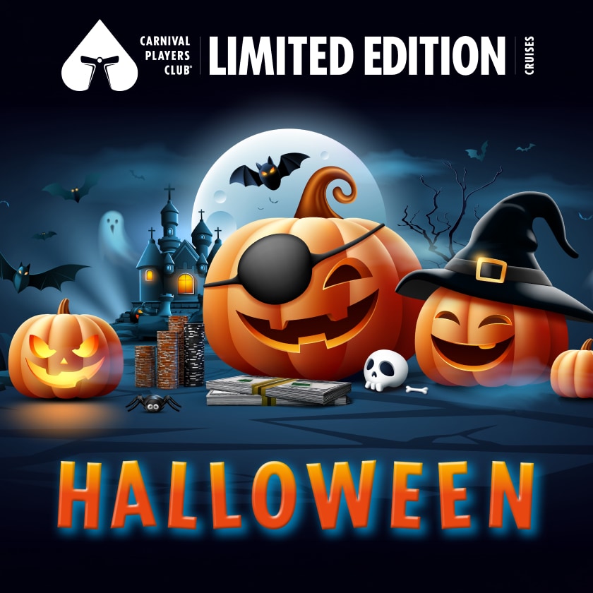 bats and ghosts fly around pumpkins