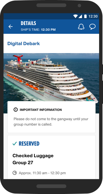 A smartphone showing the debarkation page with reservation details.