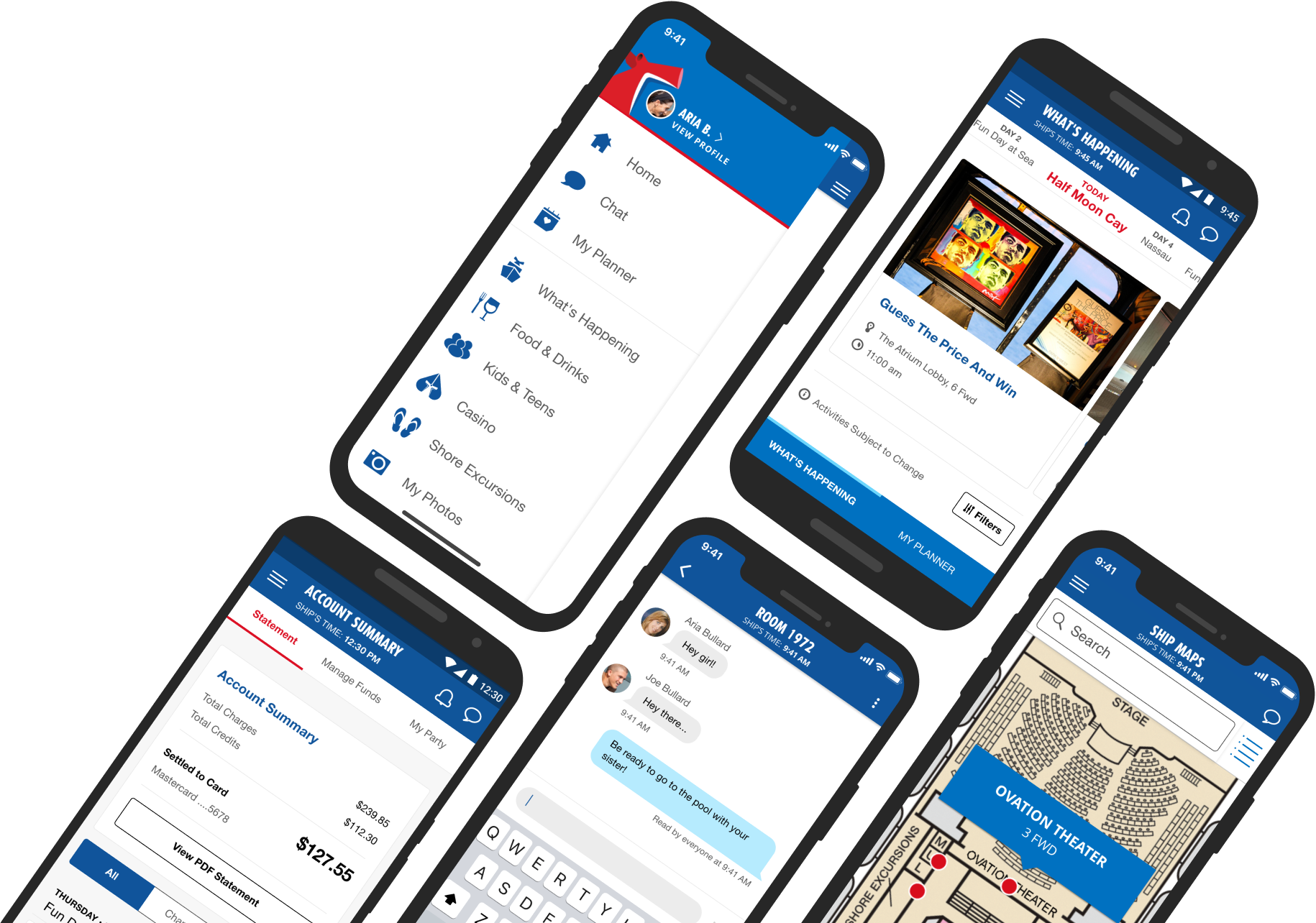 A grid of smartphones displaying various screens from the Carnival HUB App, including the Side Menu, What's Happening page, Account Summary page, Chat page, and Ship Maps page.
