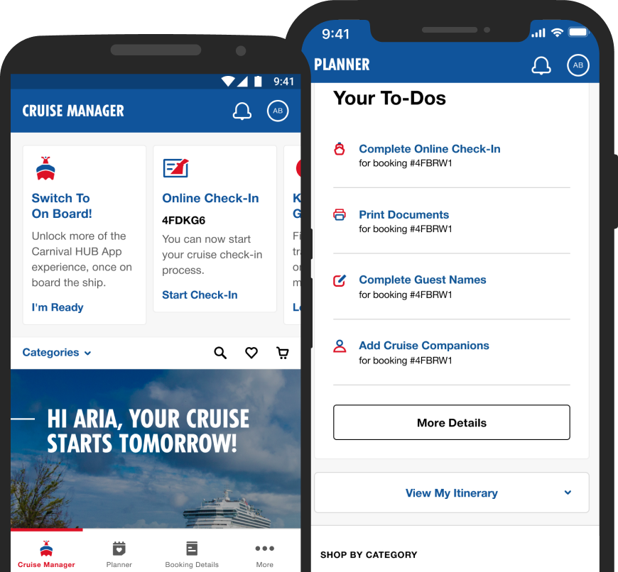 Two smartphones side by side each showing one of two Pre-Cruise screens: the Carnival HUB App Pre-Cruise home page with Countdown and the Carnival.com Pre-Cruise To-Do List.